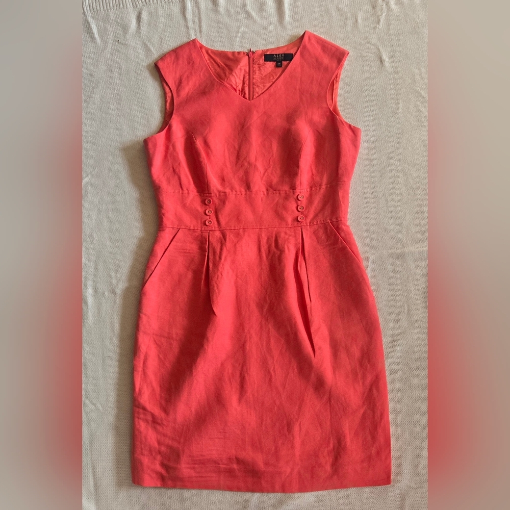 Alex Marie Petite Coral Linen Sheath Dress Sz 10P Button Detail Work Chic Easter